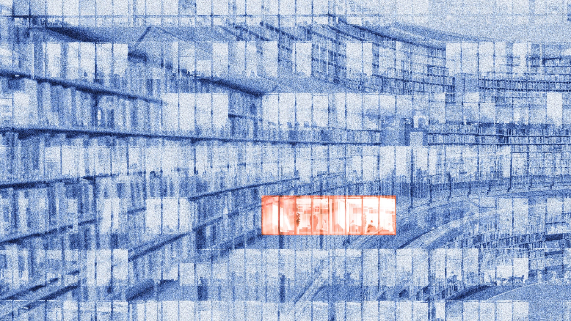 Wir sehen ein zweifach belichtetes Bild. Darin überlagert sich die Ansicht einer großen runden Bibliothek mit der Ansicht eines Büro-Gebäudes mit verschiedenen Büros. Auf dem Bild liegt ein Blaufilter, ein Teilausschnitt des Bildes ist Orange hervorgehoben.