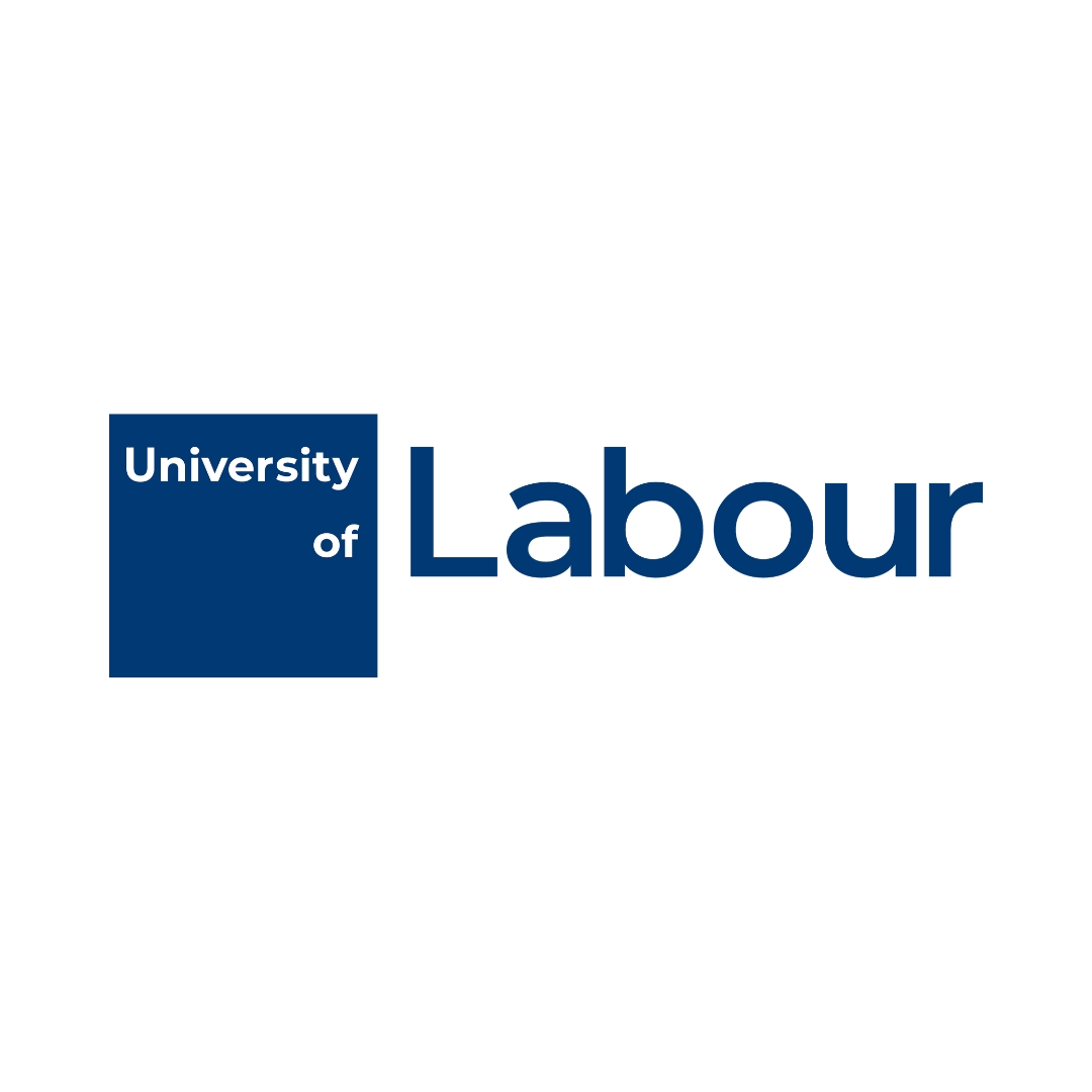 Logo der University of Labour mit blauem Quadrat und Schriftzug in Blau.