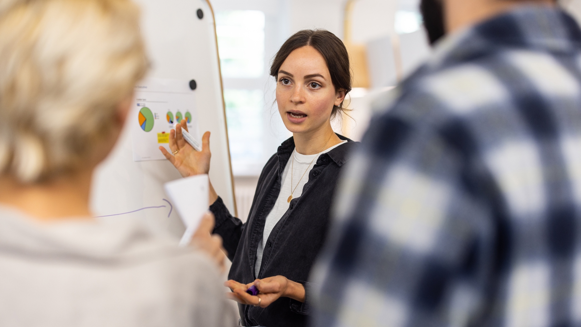 Eine Frau erklärt Diagramme an einem Flipchart während einer Besprechung im Kontext eines BWL-Studiums. Zwei andere Personen sind jeweils unscharf an den Bildrändern zu erkennen.